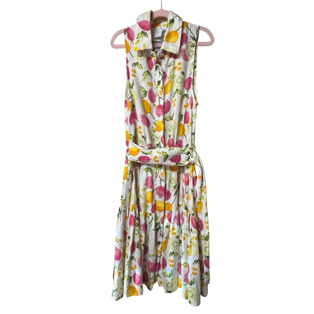 CYNTHIA ROWLEY Pink and Yellow Linen Blend Fruit Print Dress Size 2 NWT